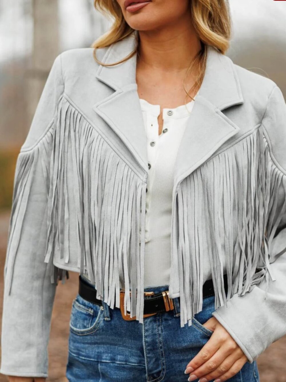 SAINTS & HEARTS Faux Suede Fringe Jacket (NWT), Light Gray, Large